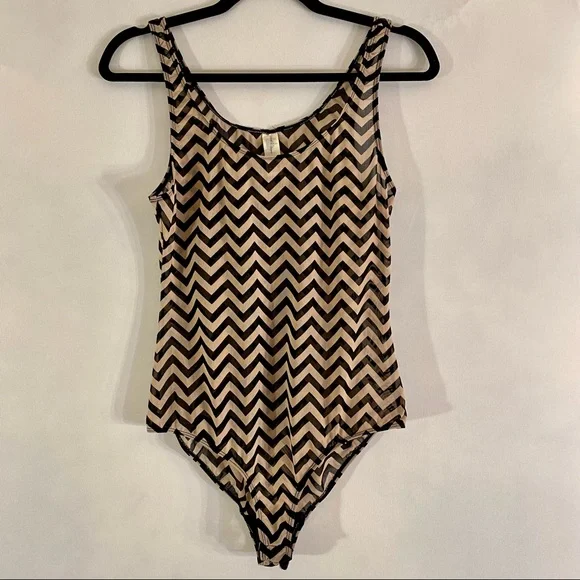 forever 21 sheer black and tan zigzag bodysuit size large - Picture 2 of 3